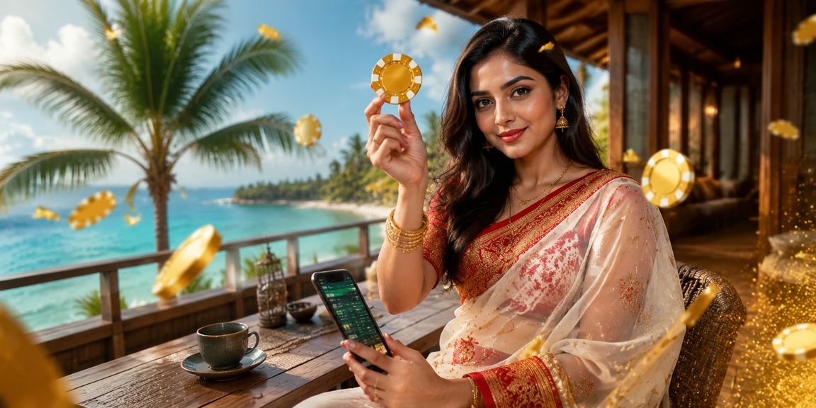 সেন্ট মার্টিনে শাড়ি পরা নারী মোবাইলে স্পোর্টস বেটিং করছেন